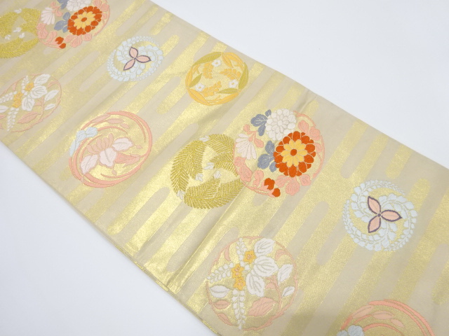 JAPANESE KIMONO / VINTAGE FUKURO OBI / SILK / WOVEN FLOWER ROUNDEL